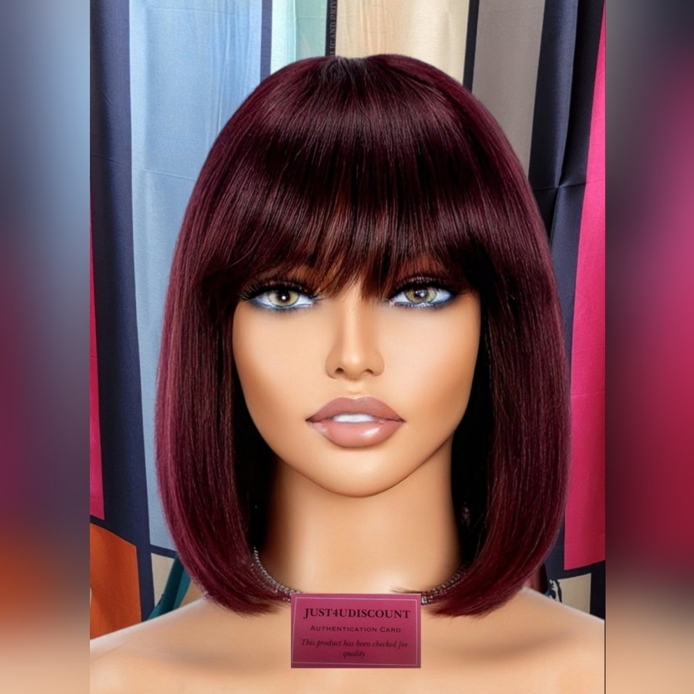 Sexy dark wine burgundy human hair bang wig.